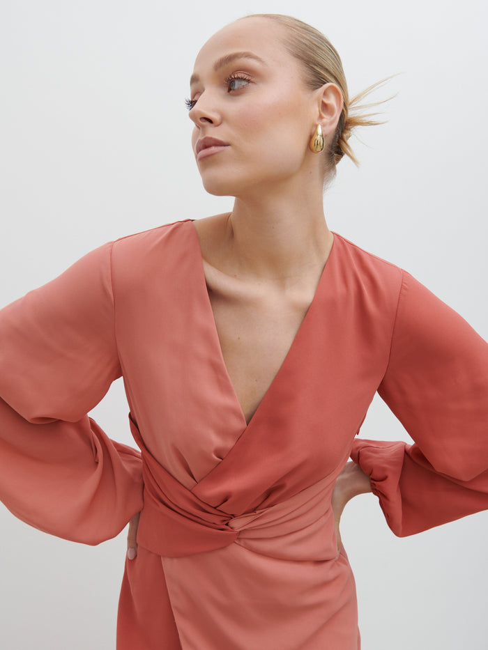 Noor Is 5'8.5" & Wears Size UK 8|Friena Knot Contrast Midaxi Dress - Terracotta and Dusky Rose