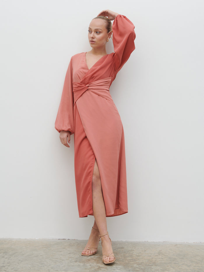Noor Is 5'8.5" & Wears Size UK 8|Friena Knot Contrast Midaxi Dress - Terracotta and Dusky Rose