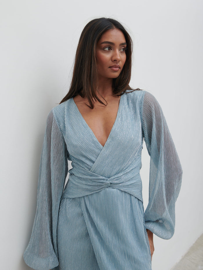 Friena Plisse Knot Contrast Dress - Blue Metallic