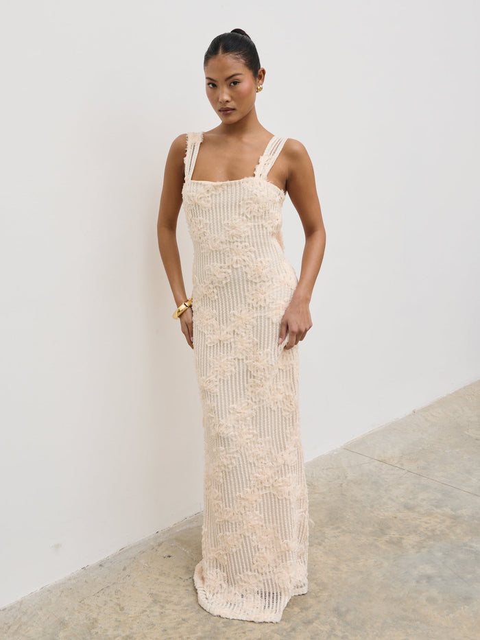 Elle Is 5'3" & Wears Size UK 6|Gigou Crochet Floral Maxi Dress - Cream