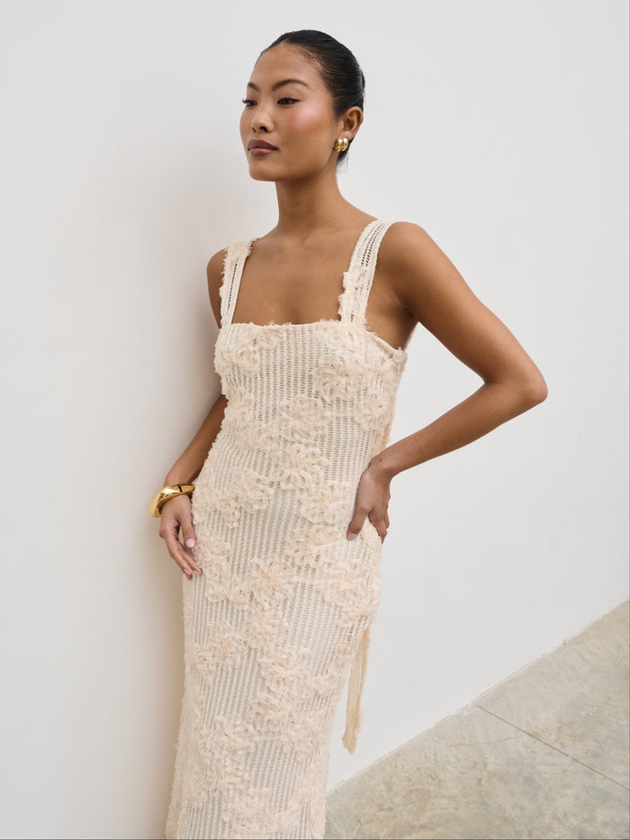Elle Is 5'3" & Wears Size UK 6|Gigou Crochet Floral Maxi Dress - Cream