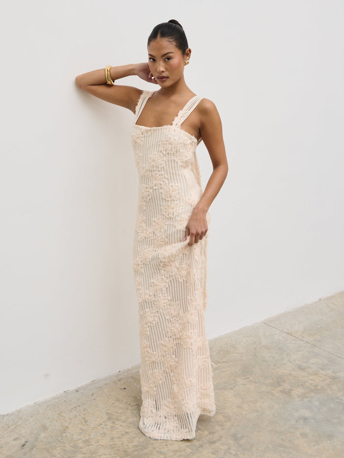 Elle Is 5'3" & Wears Size UK 6|Gigou Crochet Floral Maxi Dress - Cream