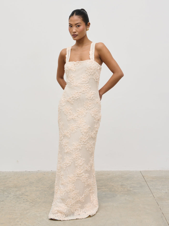 Elle Is 5'3" & Wears Size UK 6|Gigou Crochet Floral Maxi Dress - Cream