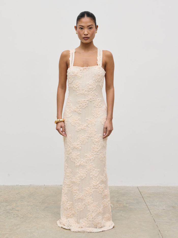Elle Is 5'3" & Wears Size UK 6|Gigou Crochet Floral Maxi Dress - Cream