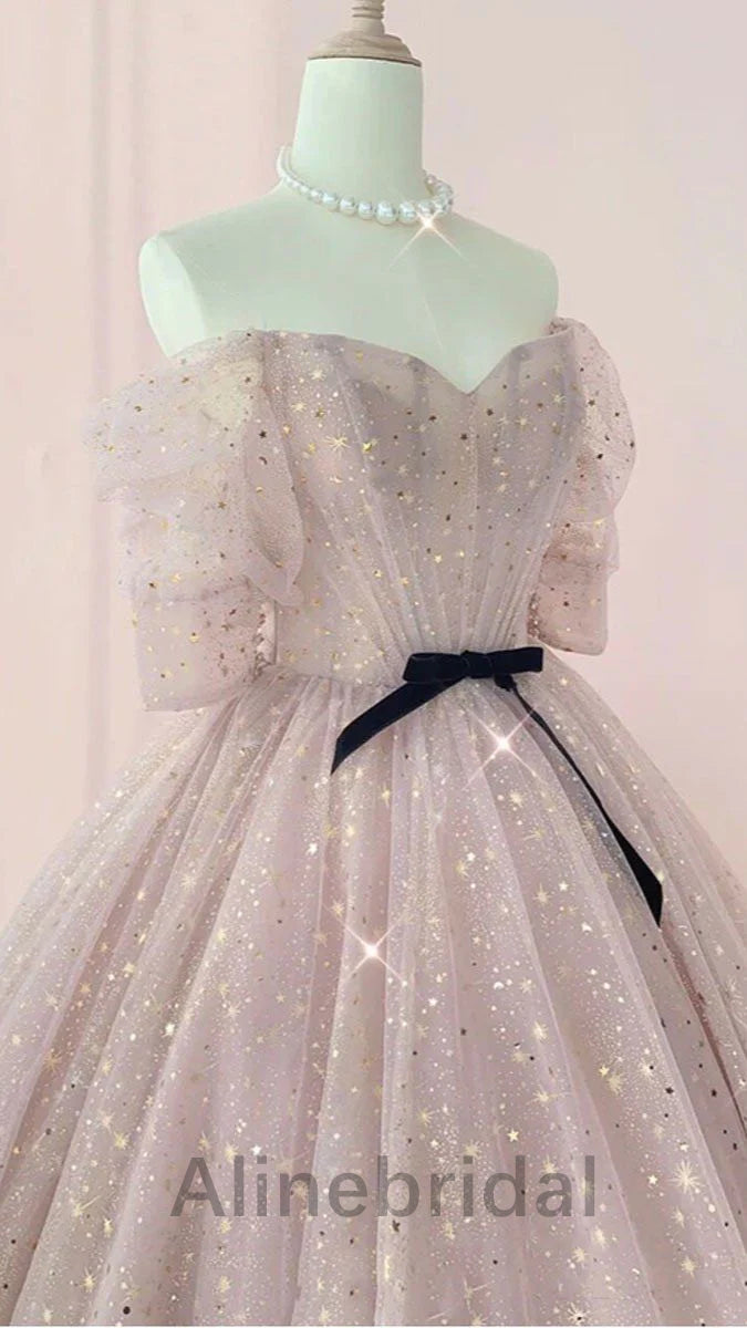 Glamorous Pink Sparkle Off - Shoulder Tulle Ball Gown with Black Bow, PD3620