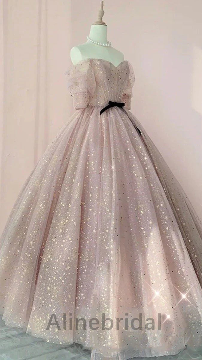 Glamorous Pink Sparkle Off - Shoulder Tulle Ball Gown with Black Bow, PD3620