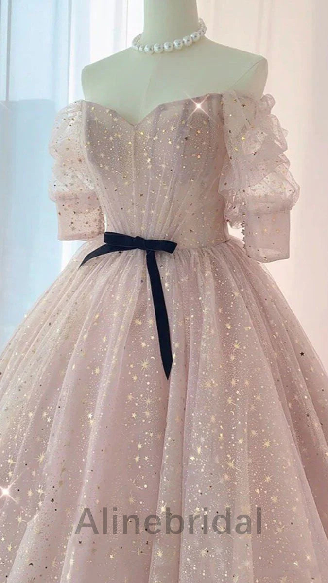 Glamorous Pink Sparkle Off - Shoulder Tulle Ball Gown with Black Bow, PD3620