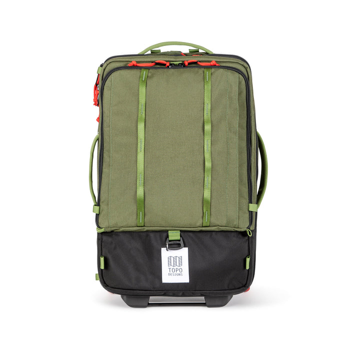 Topo Designs Global Travel Bag Roller durable carry-on convertible laptop backpack rolling suitcase in Olive green.