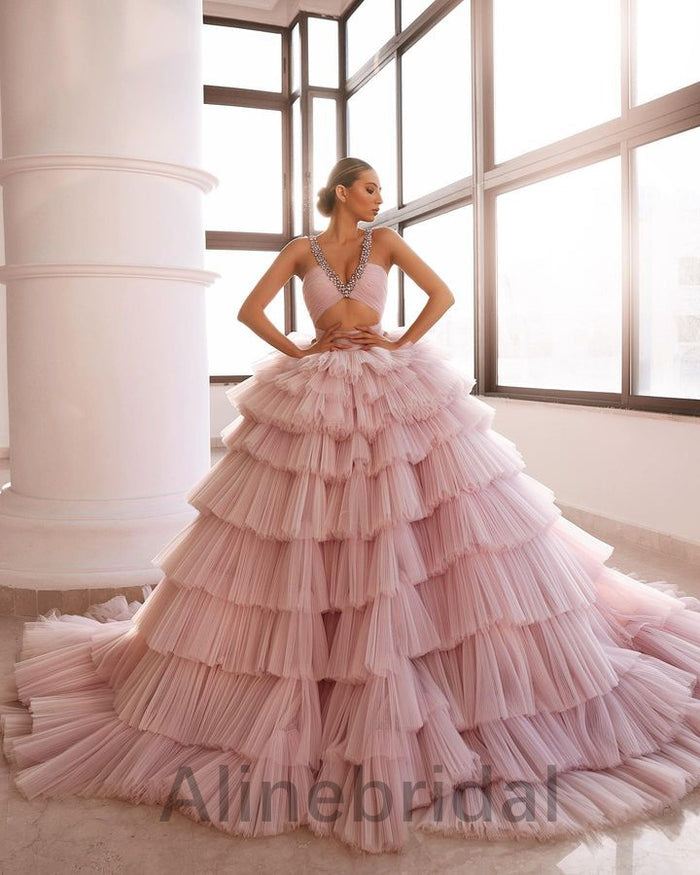 Gorgeous A-line V-neck Beaded Pink Tulle Gown, Tiered Ruffle Long Prom Dress, PD3616