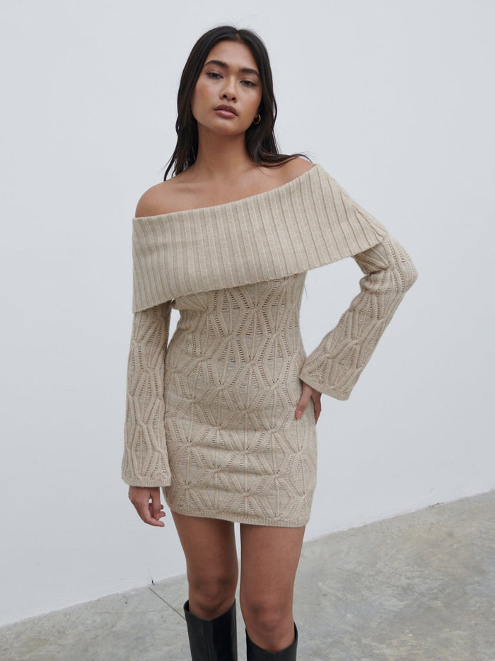 Candy Is 5'6" & Wears Size UK S|Grace Cable Knit Mini Dress - Taupe