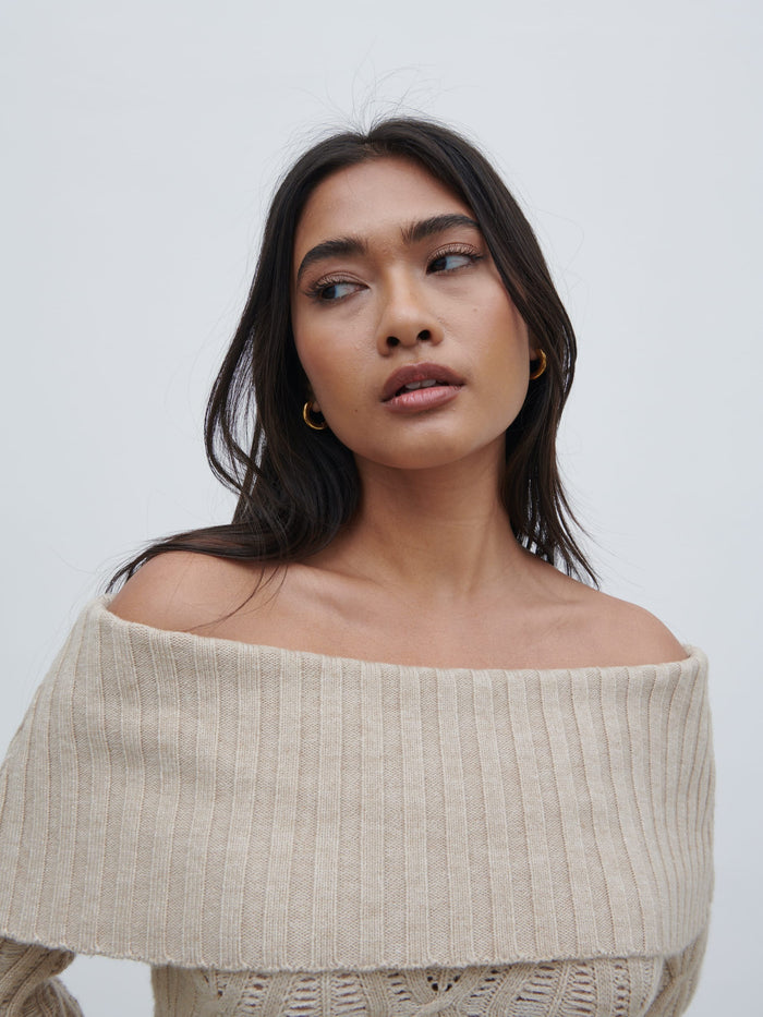 Candy Is 5'6" & Wears Size UK S|Grace Cable Knit Mini Dress - Taupe