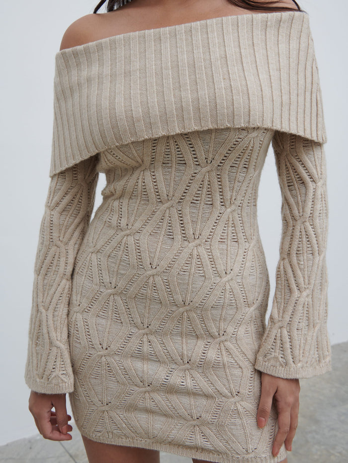 Candy Is 5'6" & Wears Size UK S|Grace Cable Knit Mini Dress - Taupe