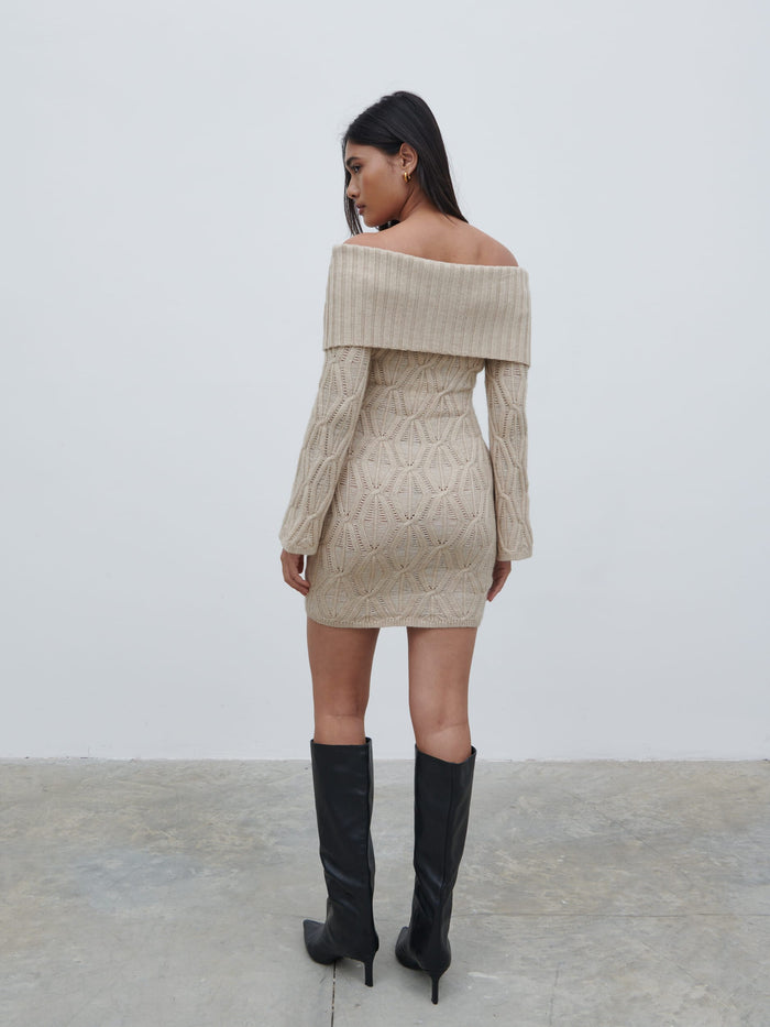 Candy Is 5'6" & Wears Size UK S|Grace Cable Knit Mini Dress - Taupe