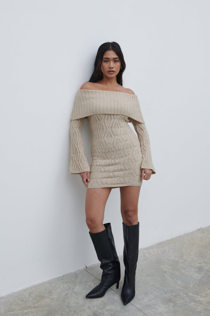 Candy Is 5'6" & Wears Size UK S|Grace Cable Knit Mini Dress - Taupe