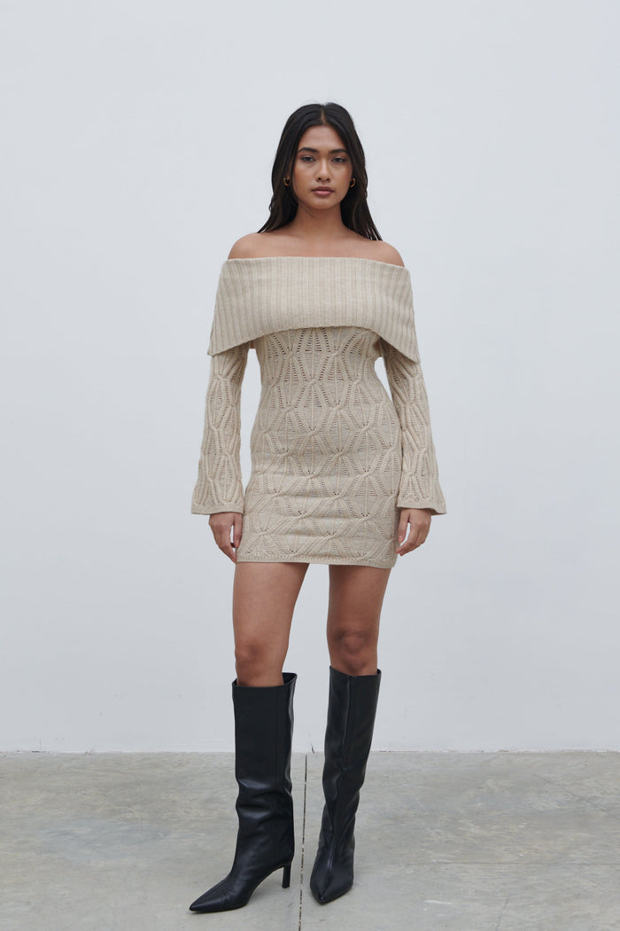 Candy Is 5'6" & Wears Size UK S|Grace Cable Knit Mini Dress - Taupe