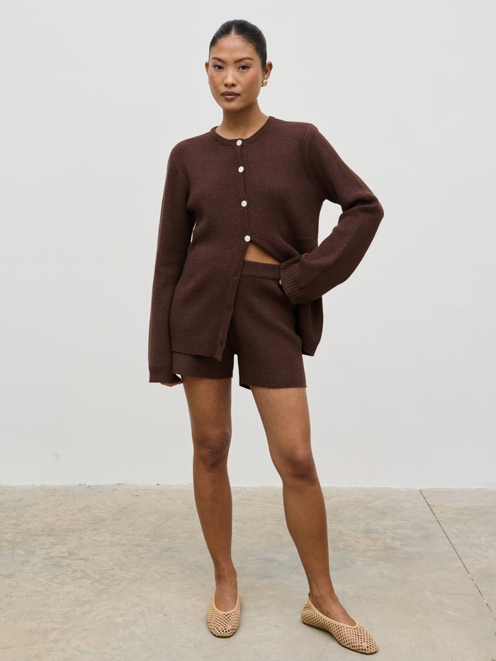 Elle Is 5'3" & Wears Size UK XS|Gracie Fine Tape Knit Shorts - Brown