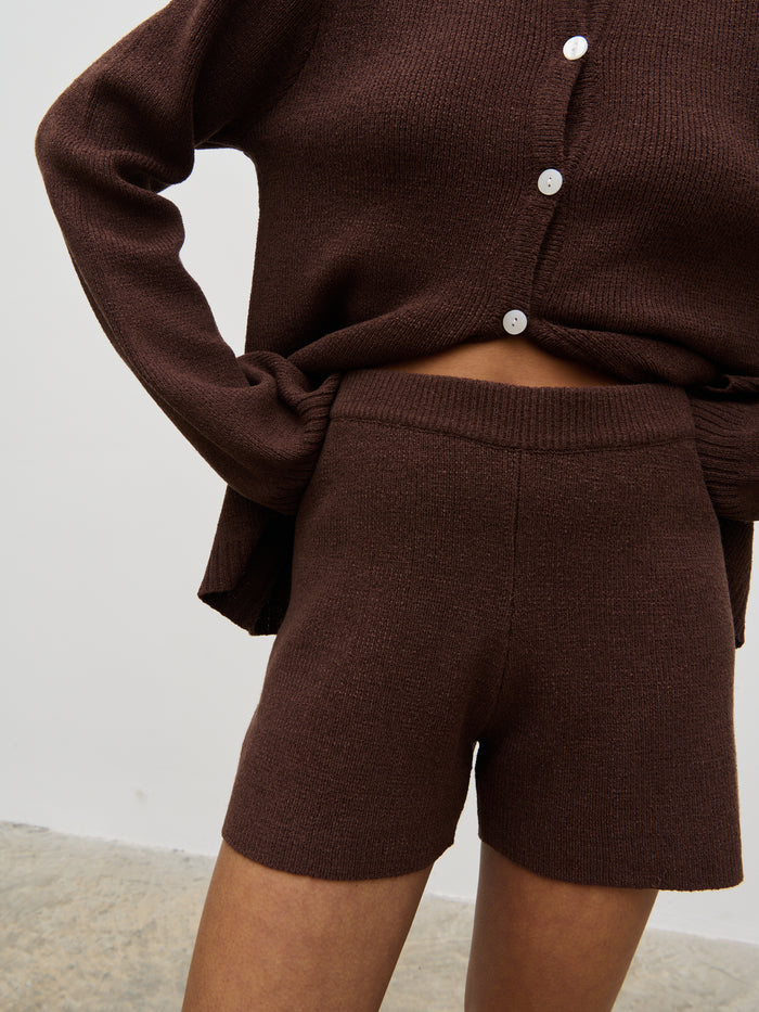 Elle Is 5'3" & Wears Size UK XS|Gracie Fine Tape Knit Shorts - Brown