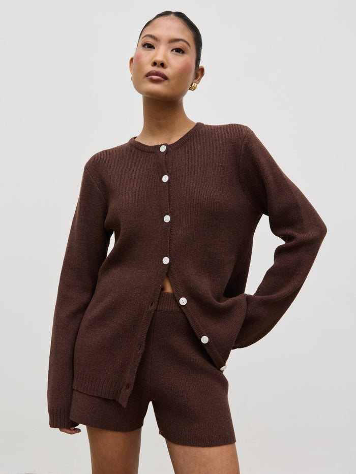 Elle Is 5'3" & Wears Size UK XS|Gracie Fine Tape Knit Shorts - Brown