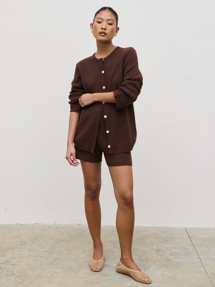 Elle Is 5'3" & Wears Size UK XS|Gracie Fine Tape Knit Shorts - Brown