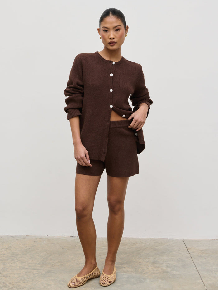 Elle Is 5'3" & Wears Size UK XS|Gracie Fine Tape Knit Shorts - Brown