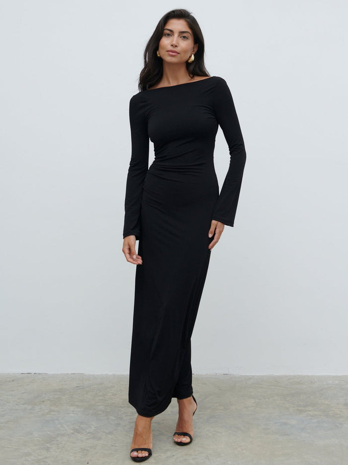 Lygia Is 5'9" & Wears Size UK 8|Hadley Cowl Back Jersey Maxi Dress - Black