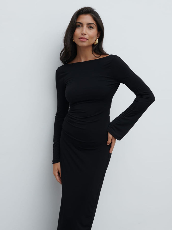 Lygia Is 5'9" & Wears Size UK 8|Hadley Cowl Back Jersey Maxi Dress - Black