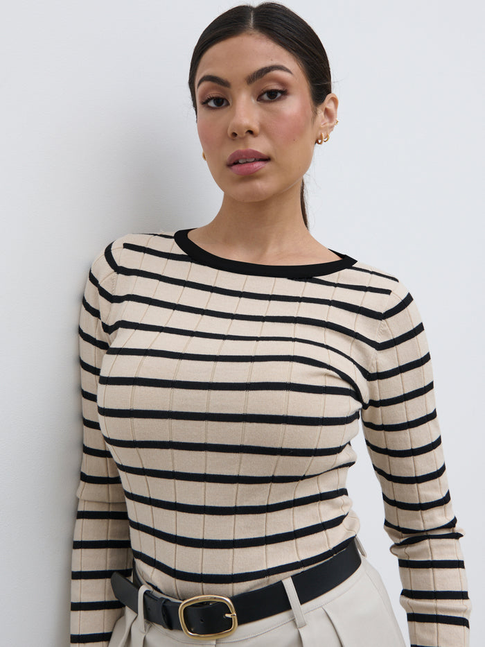 Anne Is 5'7.5" & Wears Size UK S|Hailey Stripe Knit Top - Navy and Cream