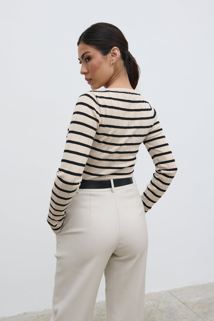 Anne Is 5'7.5" & Wears Size UK S|Hailey Stripe Knit Top - Navy and Cream