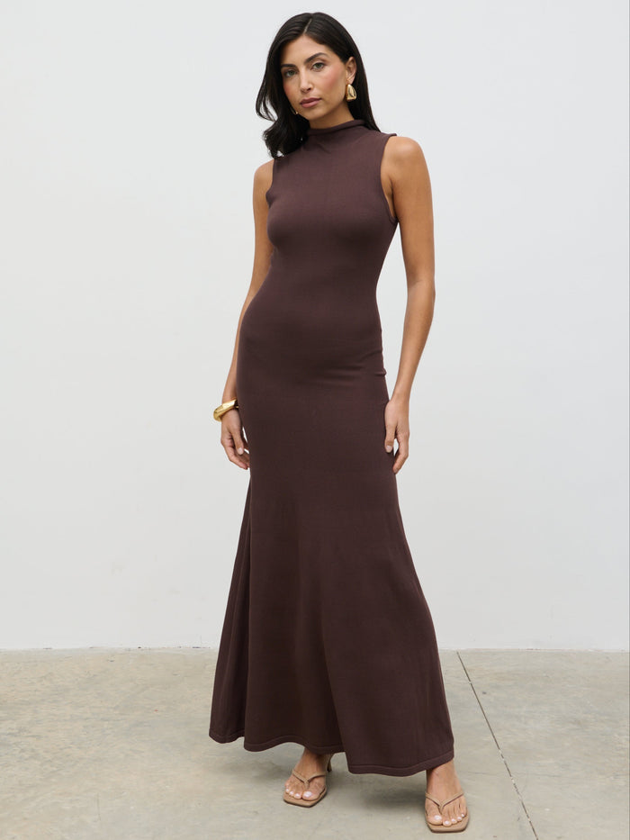 Lygia Is 5'9" & Wears Size UK 8|Hannah High Neck Knit Maxi Dress - Brown