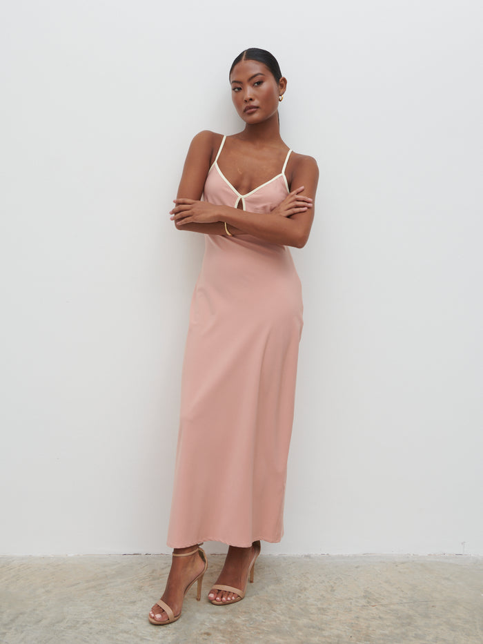 Elle Is 5'3" & Wears Size UK 8|Harper Slip Midaxi Dress - Tan Blush and Butter