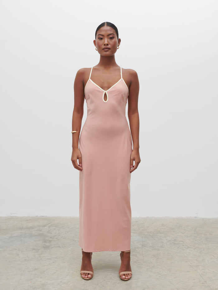 Elle Is 5'3" & Wears Size UK 8|Harper Slip Midaxi Dress - Tan Blush and Butter