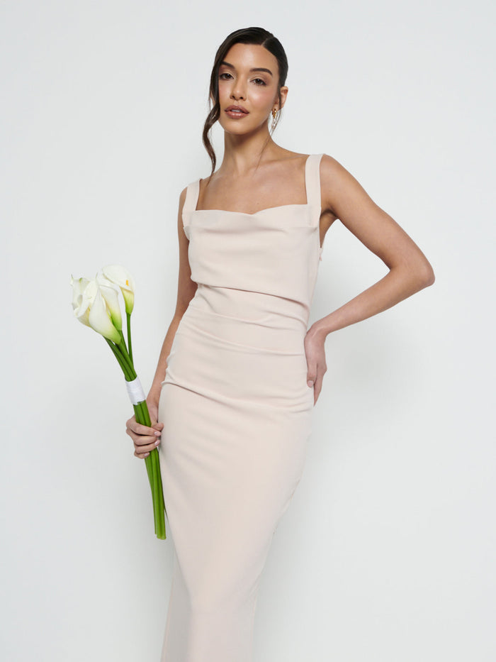 Marina Is 5'7.5" & Wears Size UK 8|Harriet Cowl Neck Crepe Maxi Bridesmaid Dress - Blush