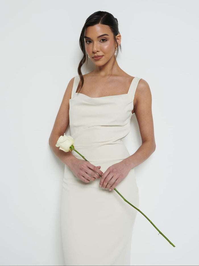 Marina Is 5'7.5" & Wears Size UK 8|Harriet Cowl Neck Crepe Maxi Bridesmaid Dress - Champagne