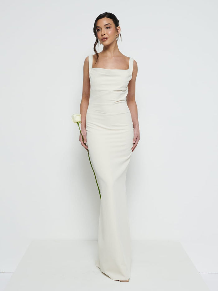 Marina Is 5'7.5" & Wears Size UK 8|Harriet Cowl Neck Crepe Maxi Bridesmaid Dress - Champagne