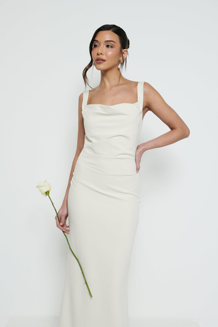 Marina Is 5'7.5" & Wears Size UK 8|Harriet Cowl Neck Crepe Maxi Bridesmaid Dress - Champagne