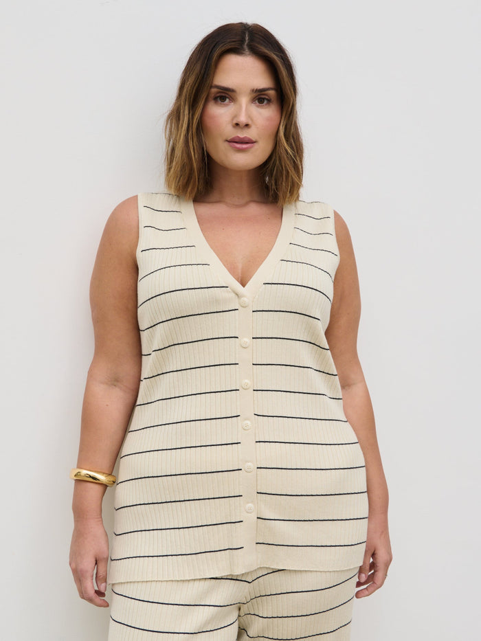 Rafaela Is 5'9" & Wears Size UK XL|Hattie Stripe Knit Waistcoat Curve - Cream and Black