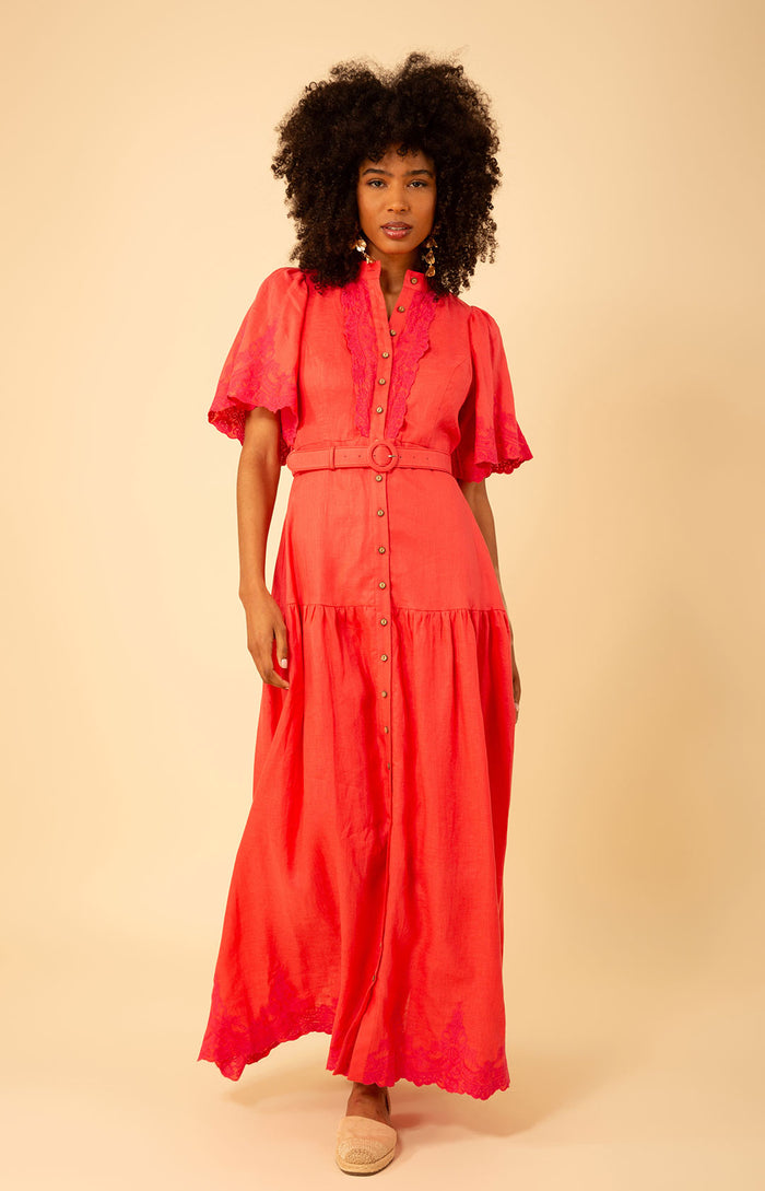 Haven Embroidered Linen Maxi Dress, color_coral