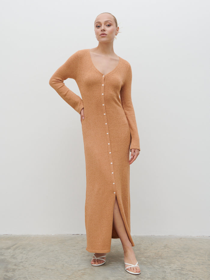 Noor Is 5'8.5" & Wears Size UK S|Hazel Knit Maxi Dress - Tan Blush