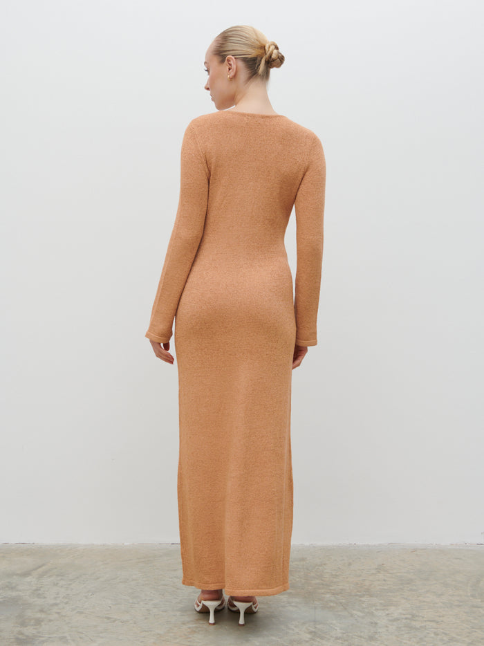 Noor Is 5'8.5" & Wears Size UK S|Hazel Knit Maxi Dress - Tan Blush