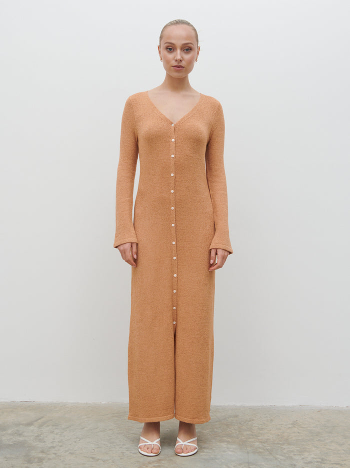 Noor Is 5'8.5" & Wears Size UK S|Hazel Knit Maxi Dress - Tan Blush