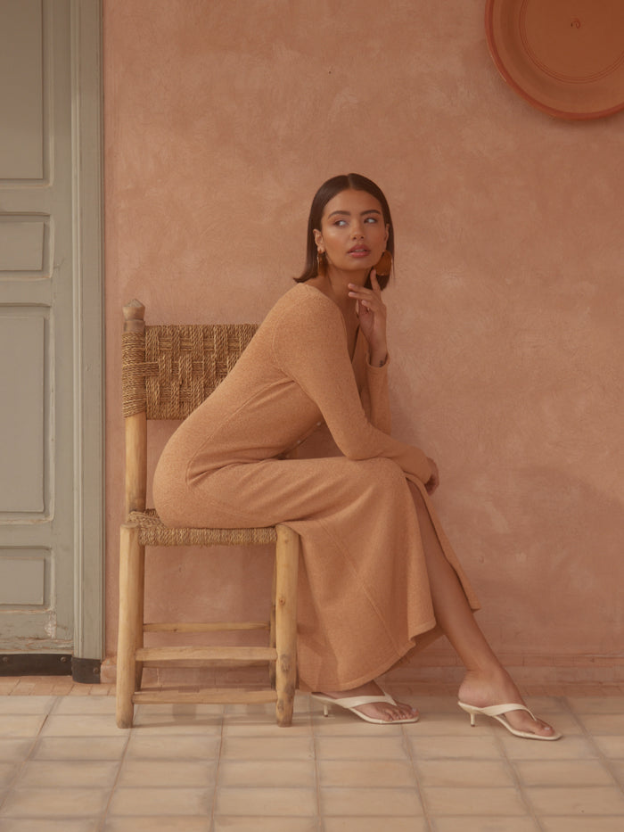 Nayha Is 5'9.5" & Wears Size UK S|Hazel Knit Maxi Dress - Tan Blush