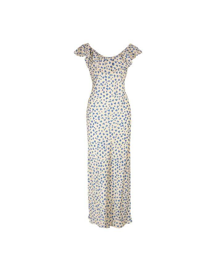 HAZEL RUFFLE DRESS BLUE SCATTER HEARTS