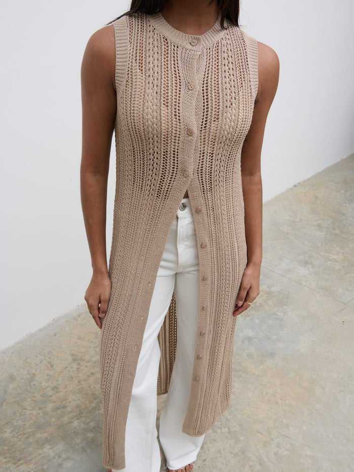 Sachi Is 5'7" & Wears Size UK S|Helen Longline Open Knit Cardigan - beige