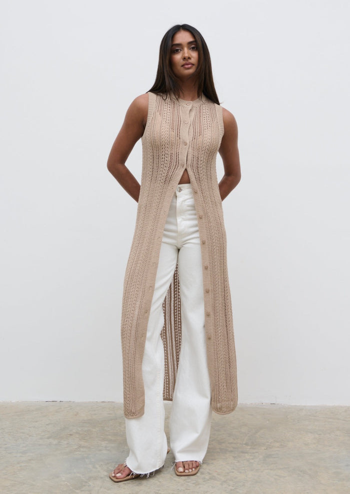 Sachi Is 5'7" & Wears Size UK S|Helen Longline Open Knit Cardigan - beige