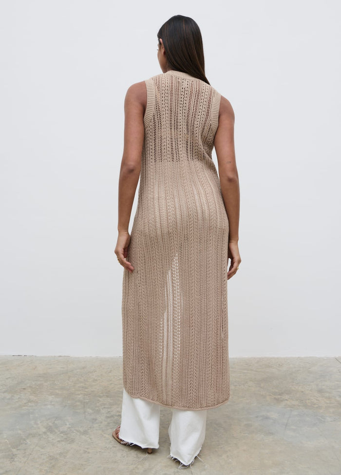 Sachi Is 5'7" & Wears Size UK S|Helen Longline Open Knit Cardigan - beige