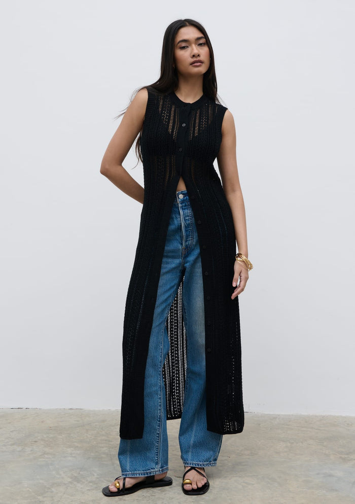 Sachi Is 5'7" & Wears Size UK S|Helen Longline Open Knit Cardigan - Black