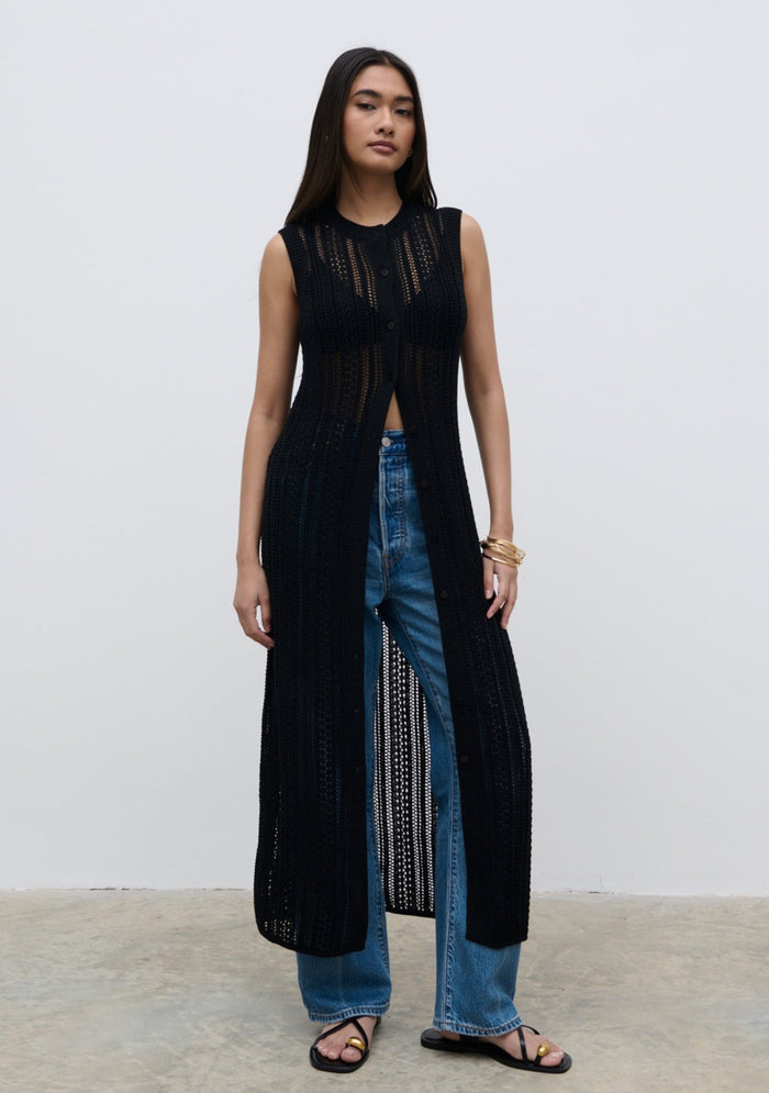 Sachi Is 5'7" & Wears Size UK S|Helen Longline Open Knit Cardigan - Black
