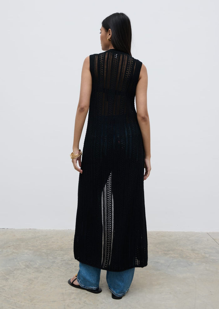 Sachi Is 5'7" & Wears Size UK S|Helen Longline Open Knit Cardigan - Black