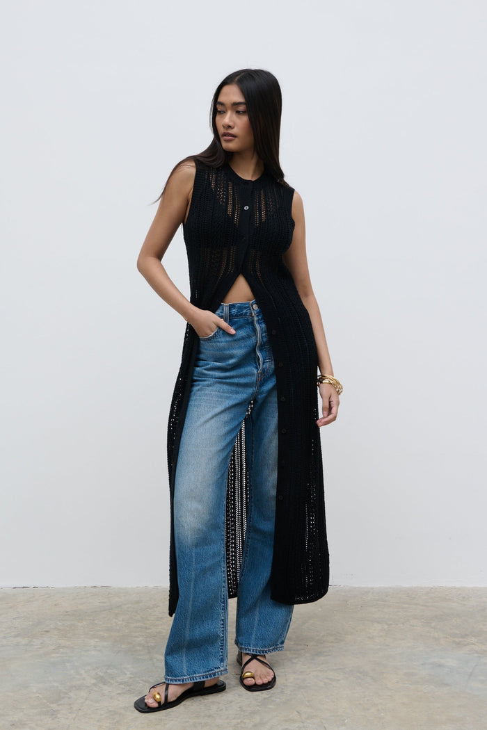 Sachi Is 5'7" & Wears Size UK S|Helen Longline Open Knit Cardigan - Black