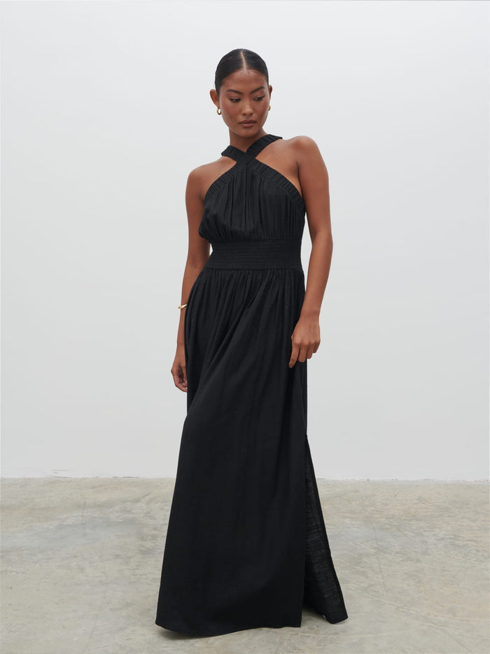 Elle Is 5'3" & Wears Size UK 8|Hollie Shirred Maxi Dress - Black